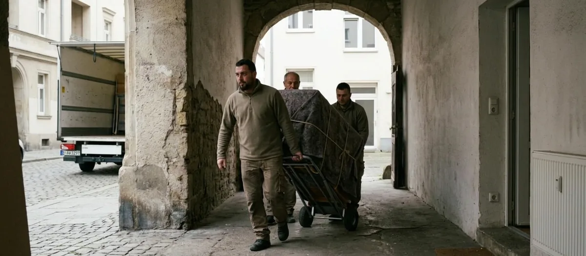 Blick durch eine Hofdurchfahrt auf den Innenhof, ein Träger kommt mit einem Karton