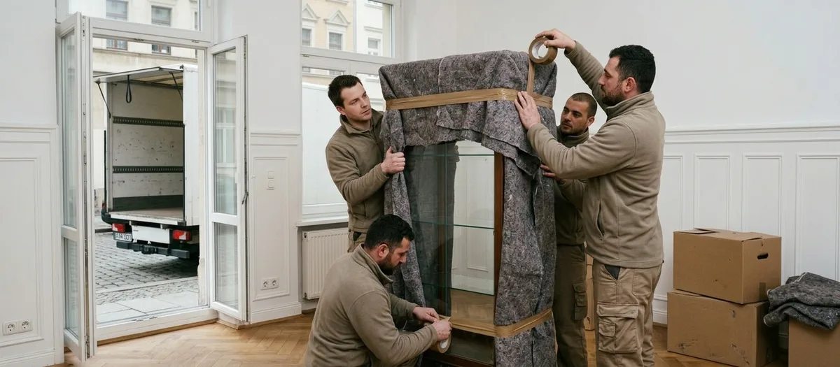 Ein Sessel wird in einem leeren Zimmer in eine Decke eingeschlagen