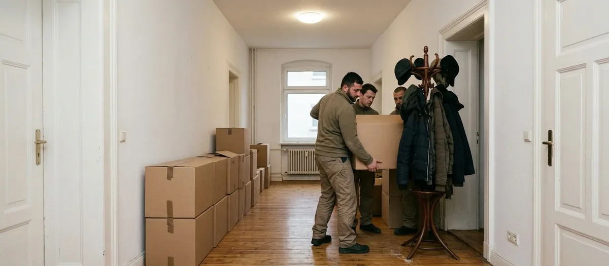 Ein Träger bringt einen Karton durch einen Altbauflur, weitere Kartons stehen an der Wand