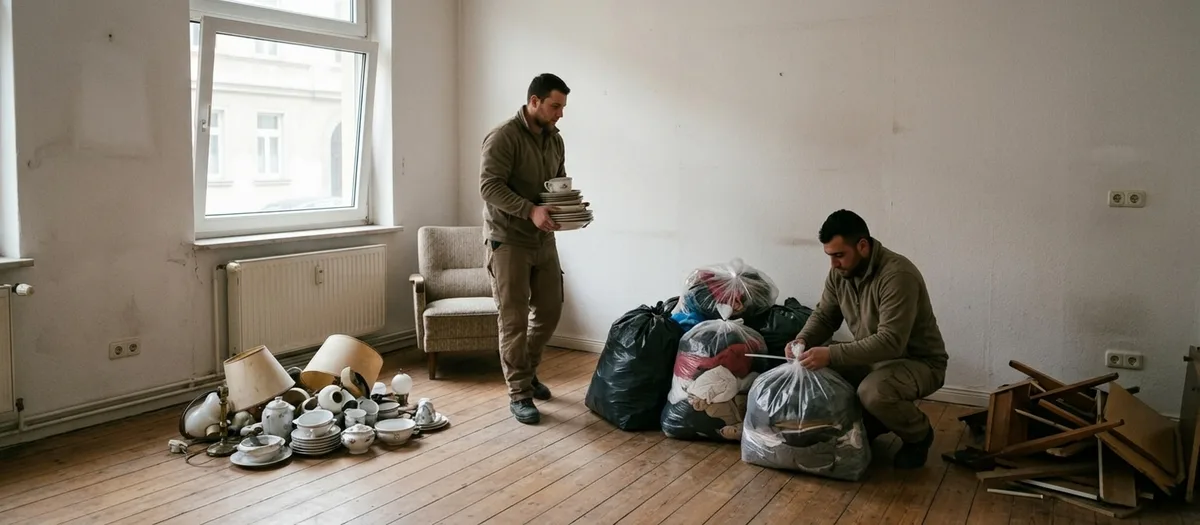 Fast leeres Wohnzimmer, der Hausrat liegt in drei Gruppen auf dem Boden