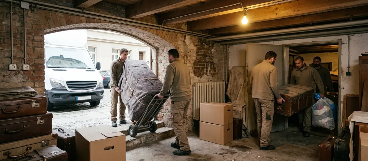 Ein vollgestellter Keller wird geräumt, Kisten werden durch eine niedrige Tür getragen