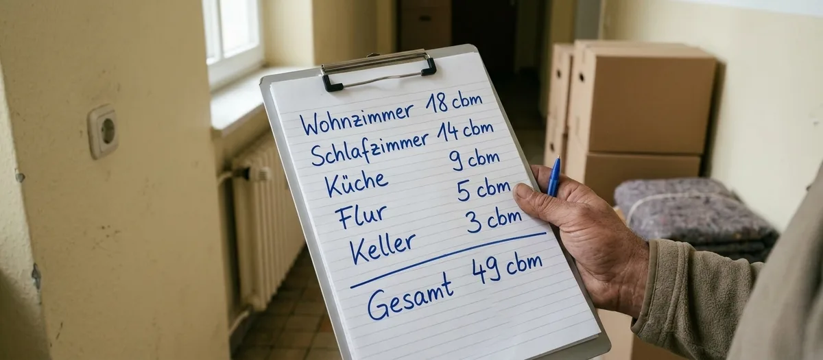 Eine Hand hält ein Klemmbrett mit Raumliste vor gestapelten Kartons