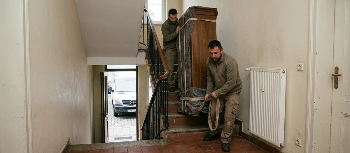 Zwei Träger tragen einen Schrank mit Hebegurten durch ein Altbautreppenhaus