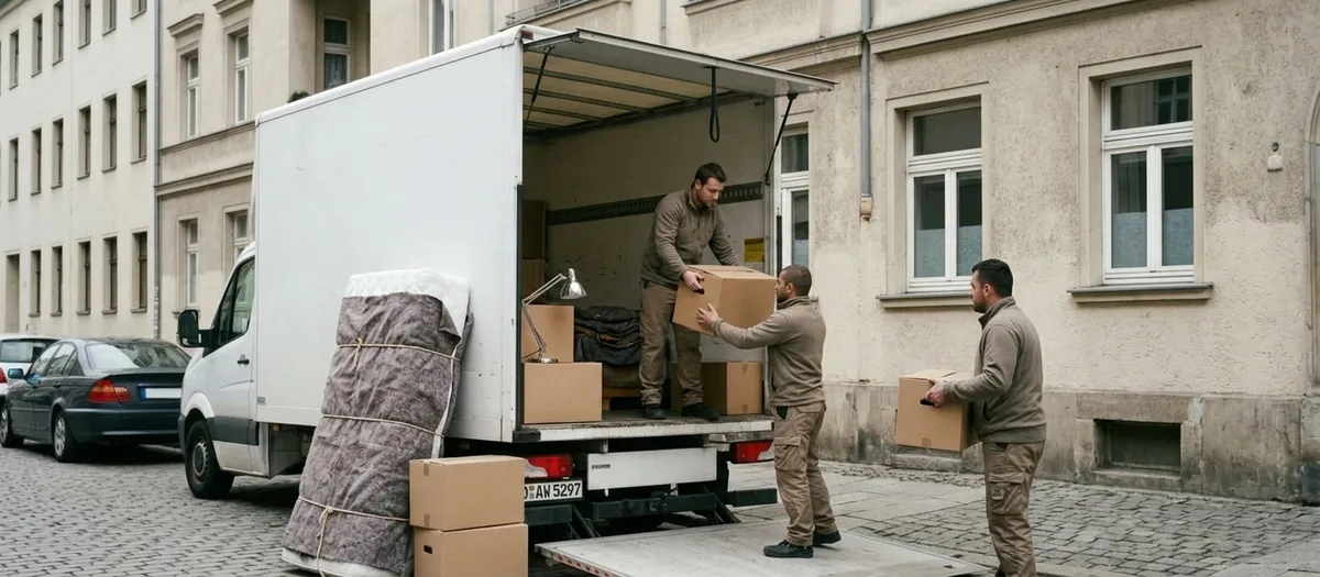 Eine gerollte Matratze und Kartons werden in einen kleinen Transporter geladen